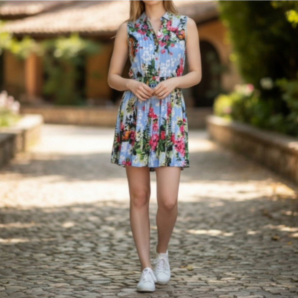 Juicy Couture Paradise Blue Sleeveless Hawaiian Floral Mini Dress Sz 4 - Picture 2 of 14